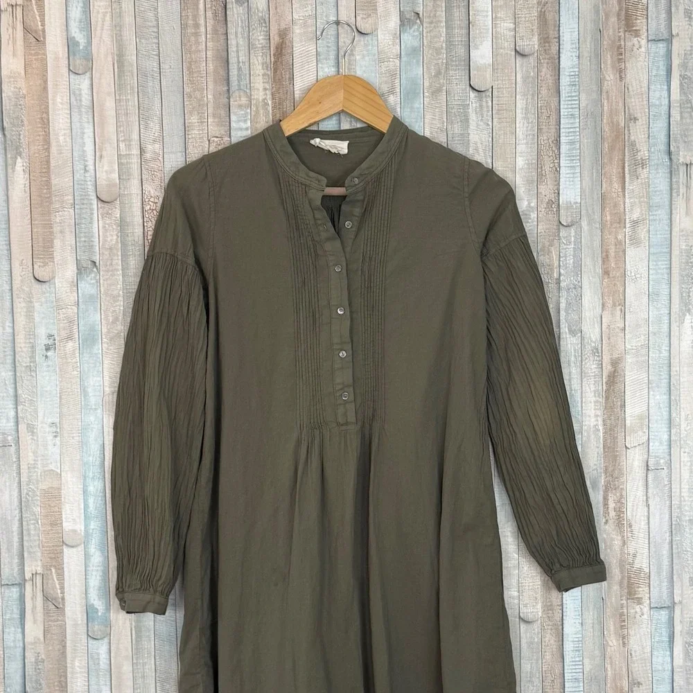 Nili Lotan XS Olive 100% Cotton Pleated Pintucked Tunic Mini Dress Boho Made USA